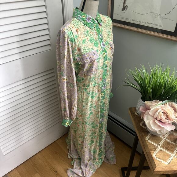 ANN TAYLOR LOFT Shirt Dress Womens Large Green Floral Maxi Godet Pastel Romantic - Picture 4 of 12